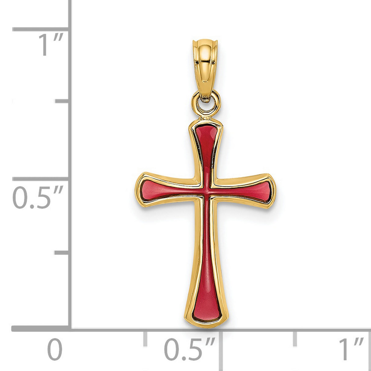 14k Yellow Gold Cross Pendant with Red Enamel and Tapered Arms , Religious Design for Men and Women