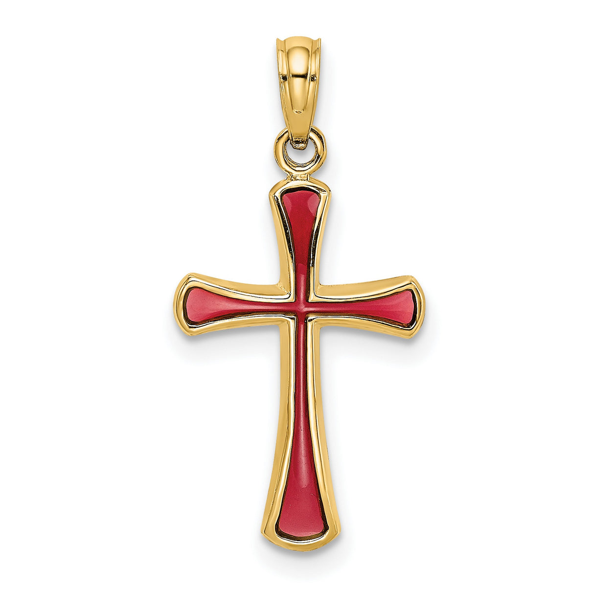 14k Yellow Gold Cross Pendant with Red Enamel and Tapered Arms , Religious Design for Men and Women