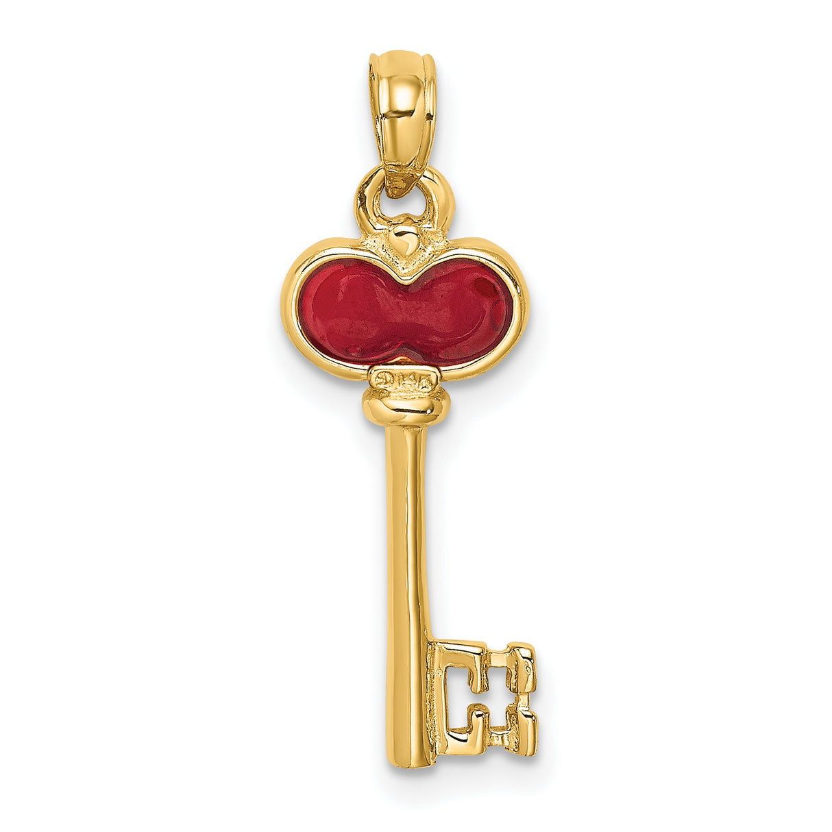 14k Yellow Gold Heart Key Pendant with Red Enamel Accent, Romantic Charm for Women