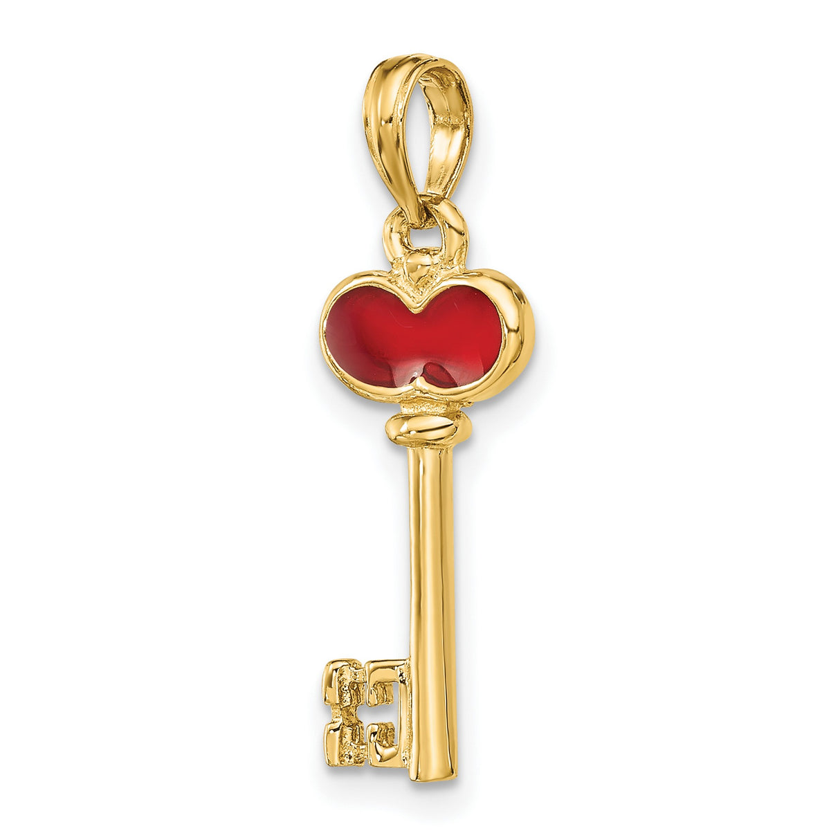 14k Yellow Gold Heart Key Pendant with Red Enamel Accent, Romantic Charm for Women