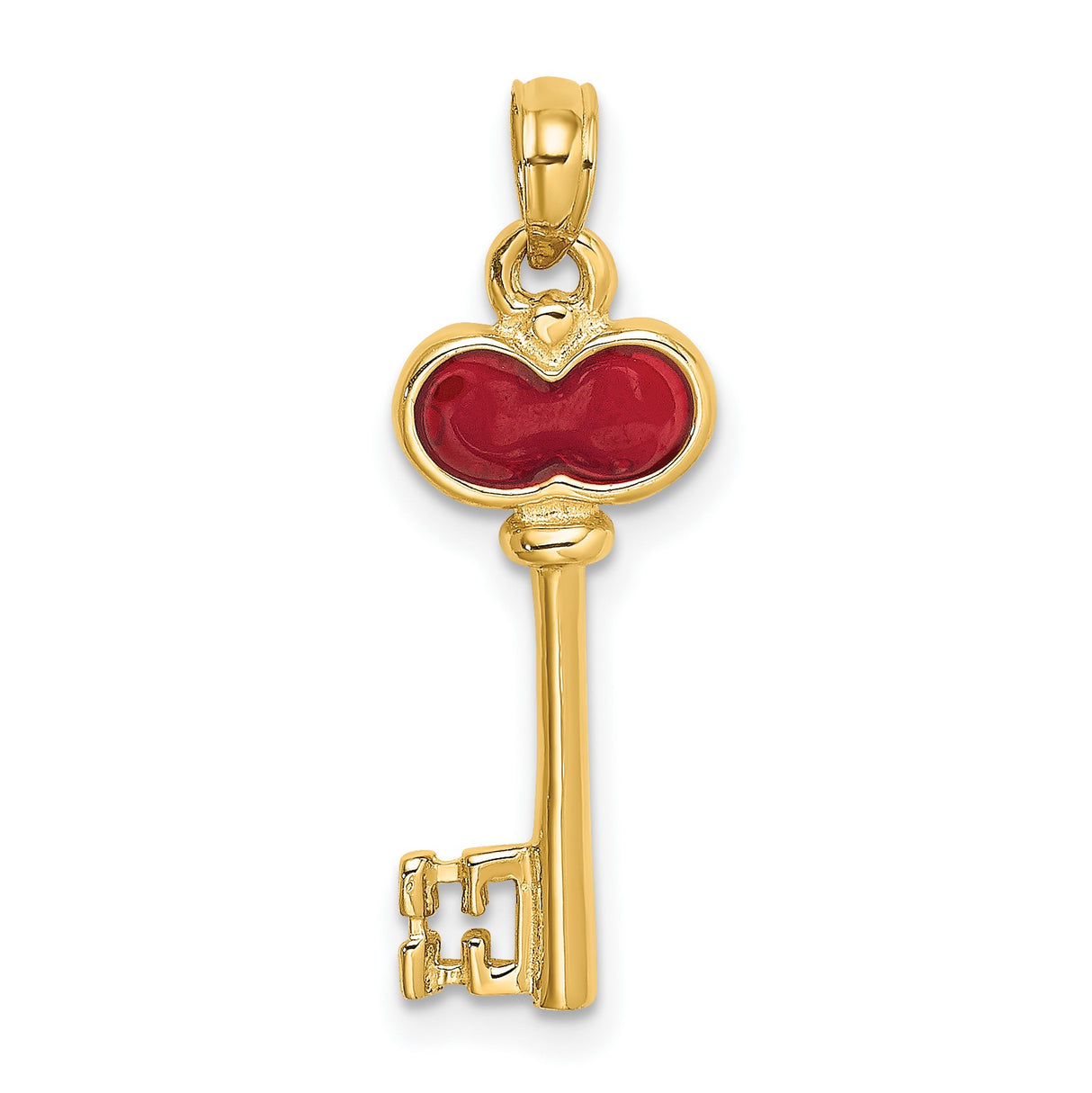 14k Yellow Gold Heart Key Pendant with Red Enamel Accent, Romantic Charm for Women