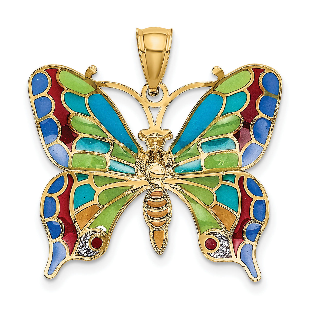14k Yellow Gold Butterfly Pendant with Multicolor Enamel Wings, Nature Charm for Women