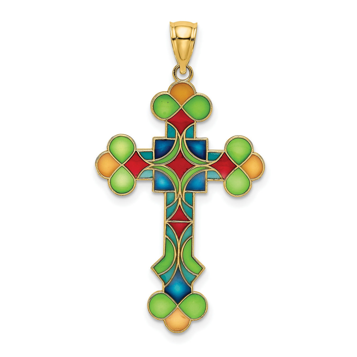 14k Yellow Gold Cross Pendant with Vibrant Enamel and Stained Glass Style Design