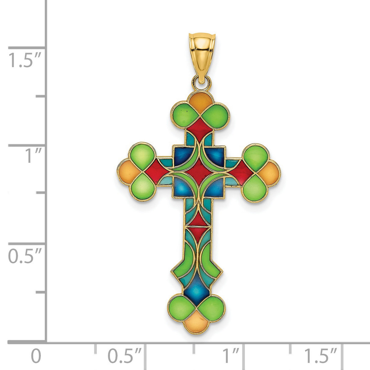 14k Yellow Gold Cross Pendant with Vibrant Enamel and Stained Glass Style Design