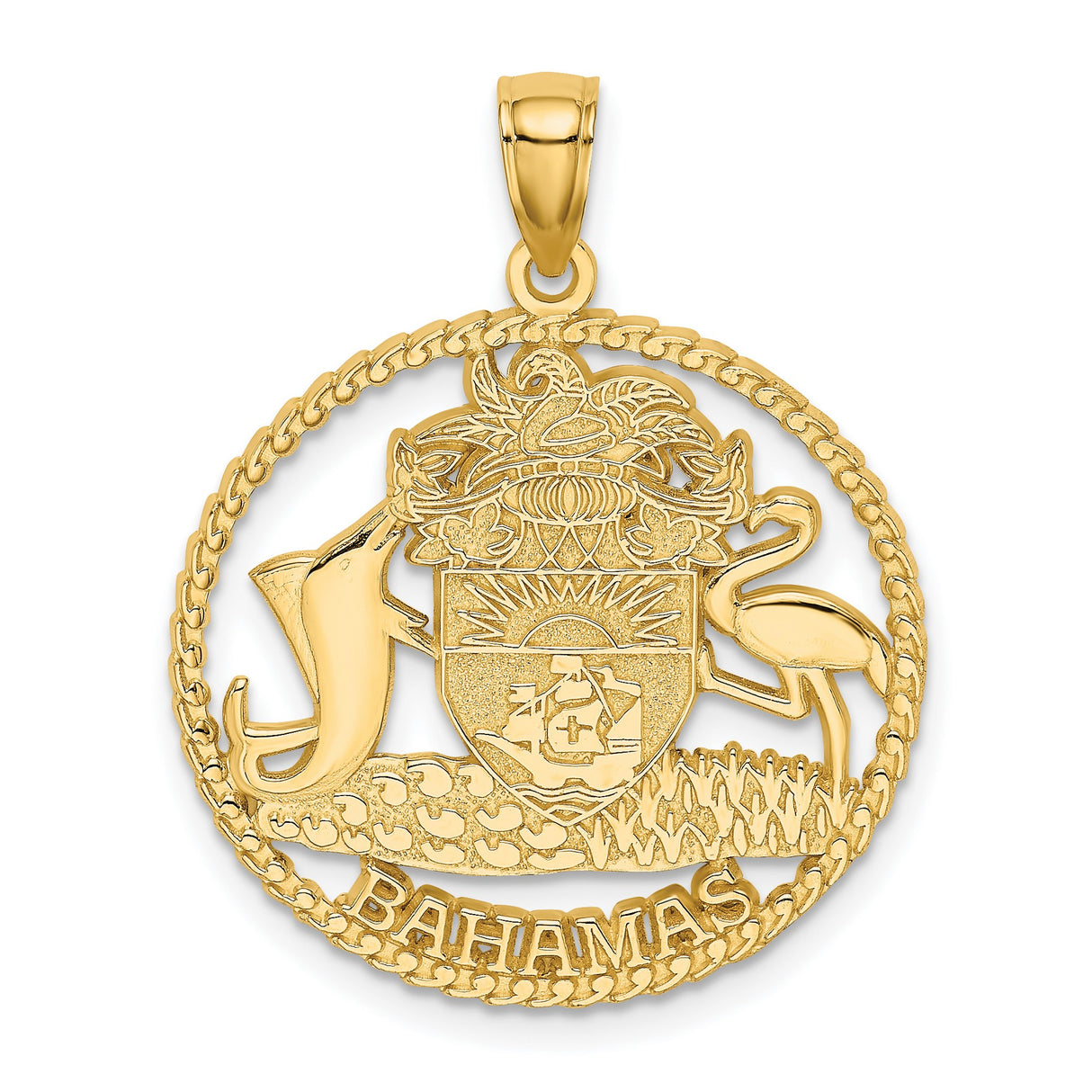 14k Yellow Gold Bahamas Coat Pendant with Marlin, Flamingo, and Ship Emblem