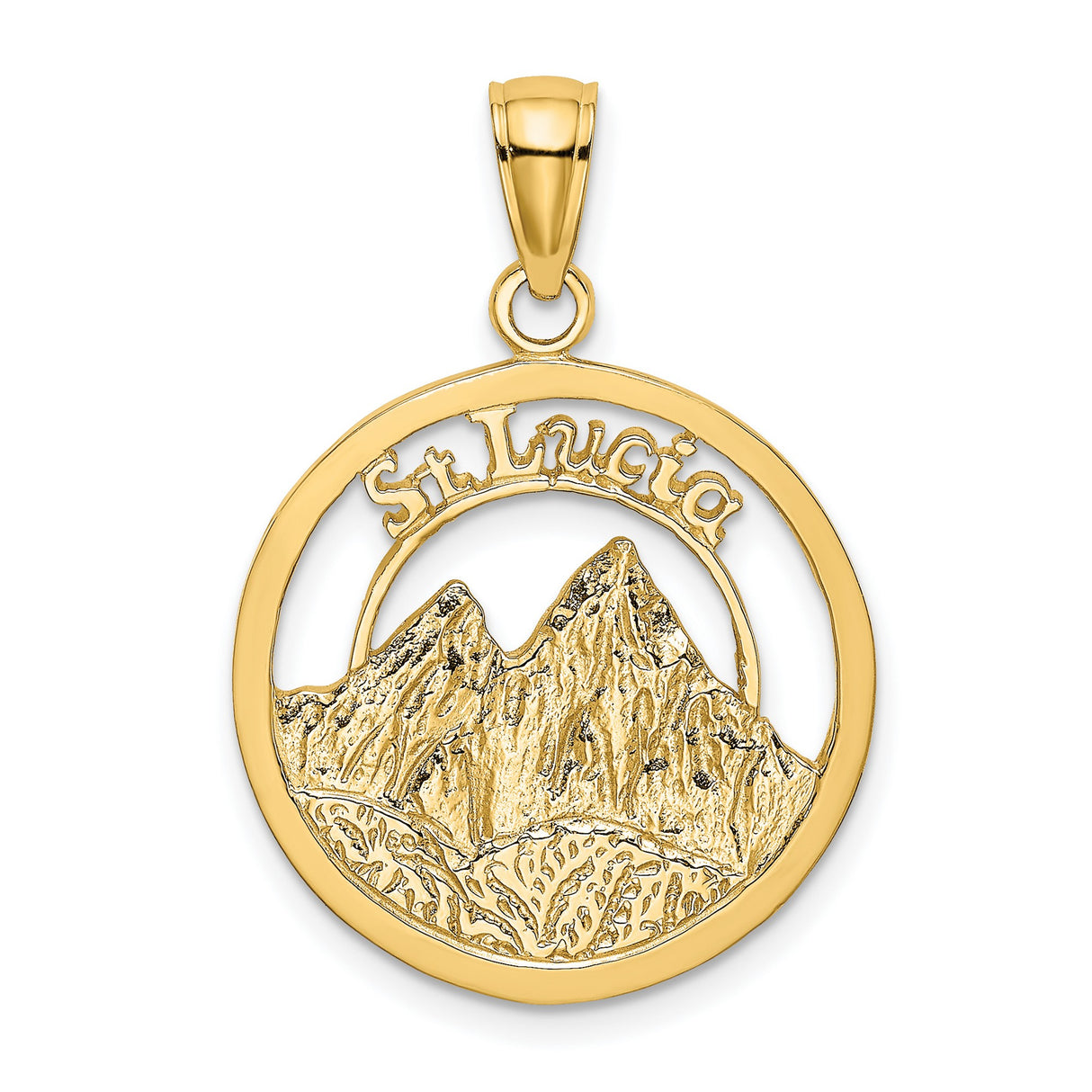 14k Yellow Gold St Lucia Pendant with Pitons Cutout Design, Island Travel Charm