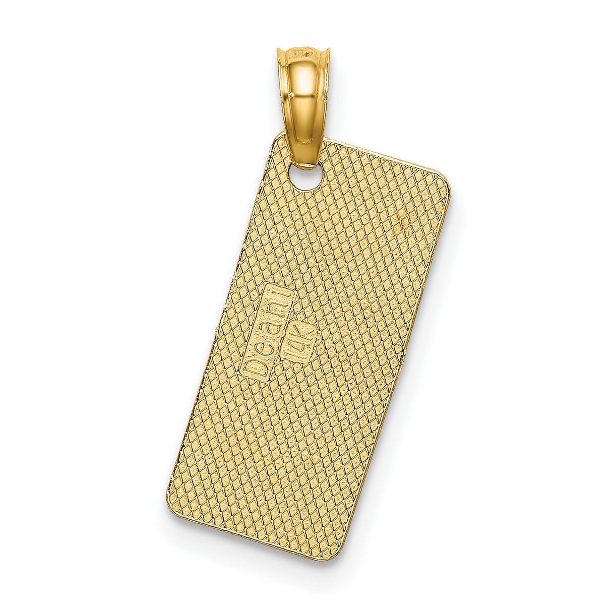 14k Yellow Gold Rectangle Pendant with Raised Lettering and Textured Background