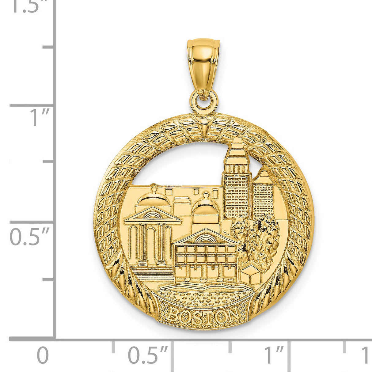 14k Yellow Gold Boston Skyline Pendant Charm with Detailed City Architecture Design