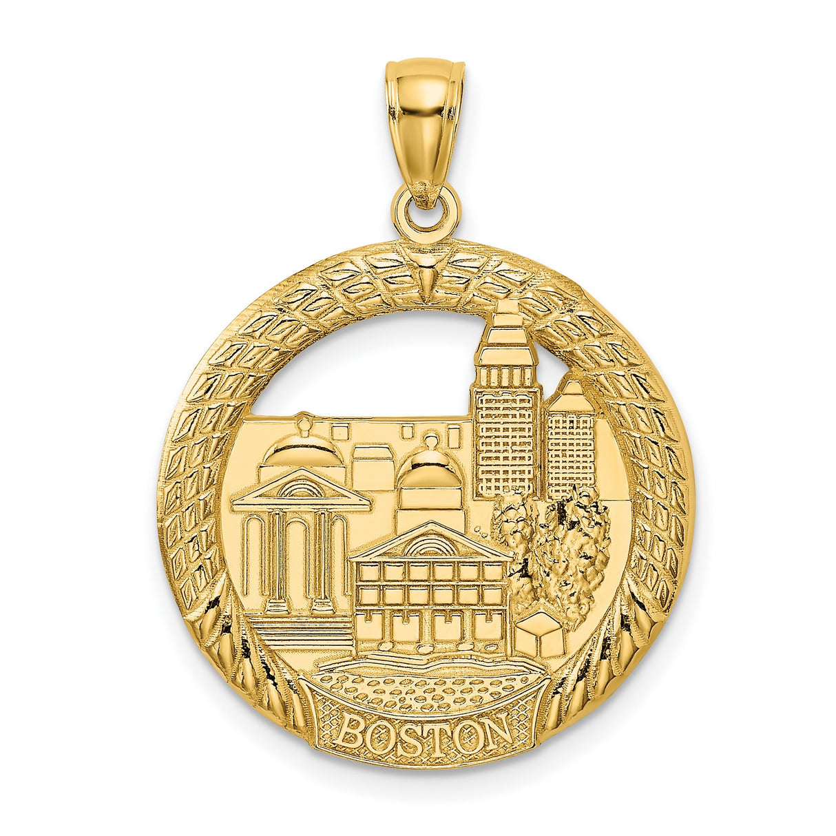 14k Yellow Gold Boston Skyline Pendant Charm with Detailed City Architecture Design