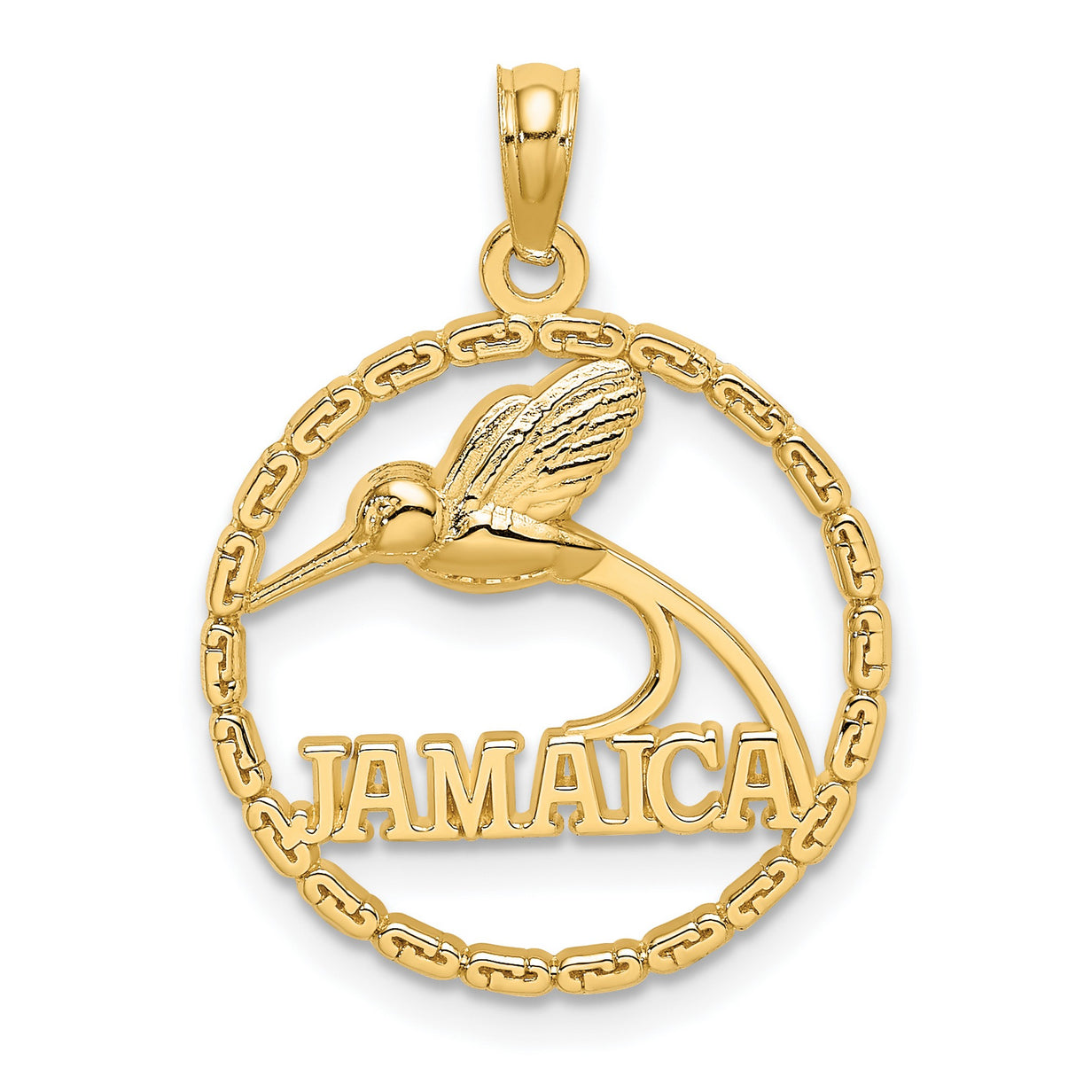 14k Yellow Gold Jamaica Pendant with Hummingbird in Chain Circle Design