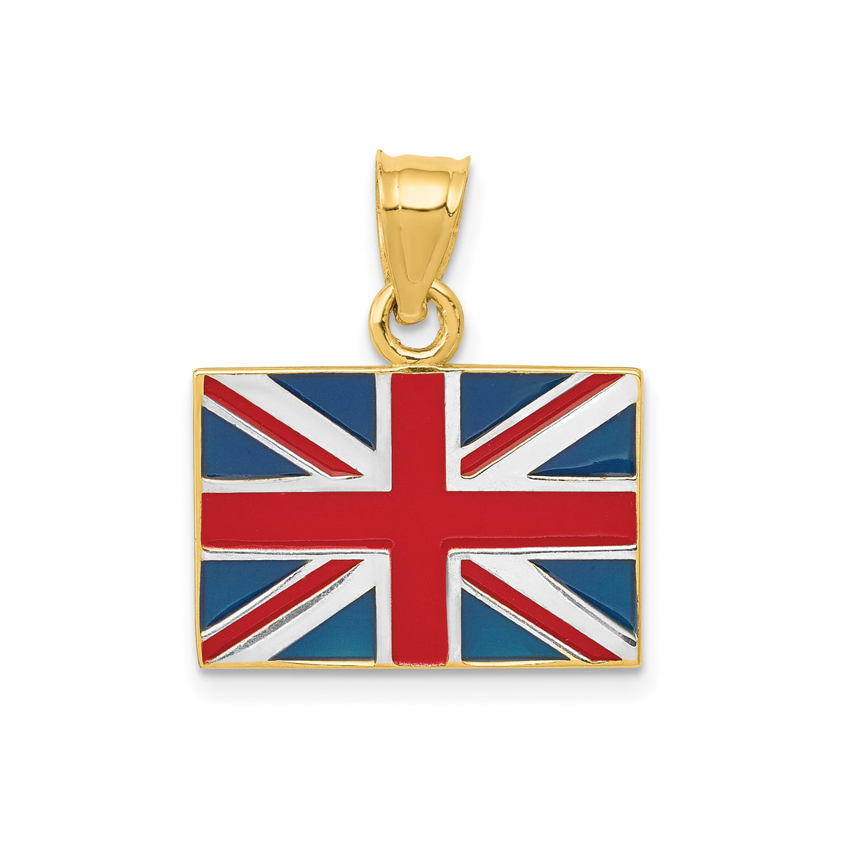 14k Yellow and Rhodium Gold Union Jack Flag Pendant, Red White Blue Enamel, British Pride Charm