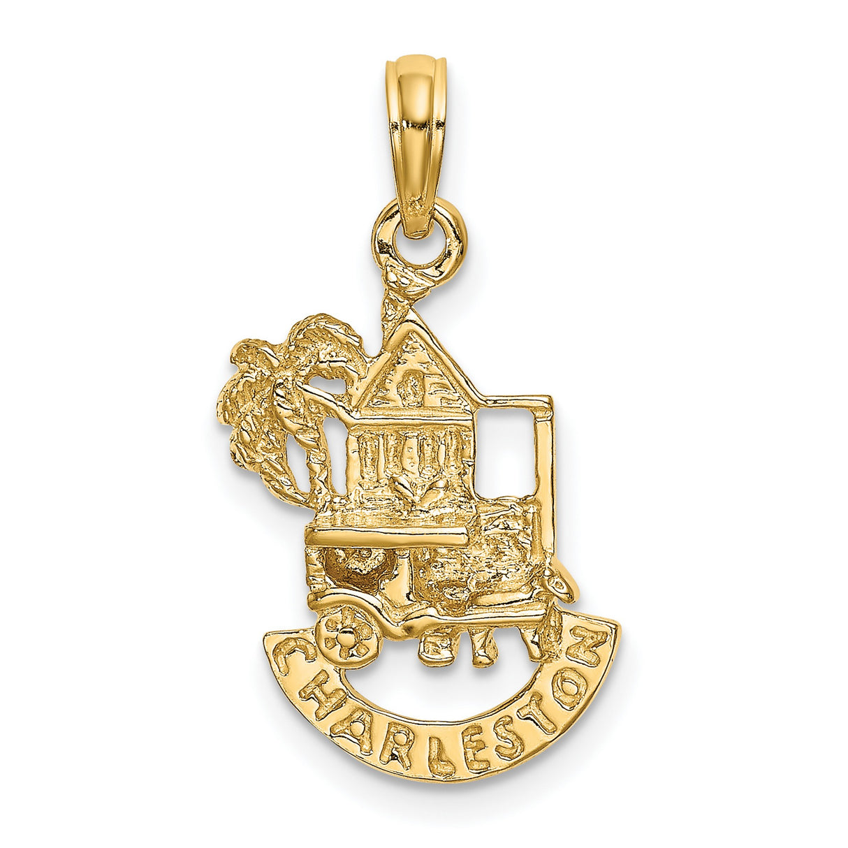 14k Yellow Gold Pendant with Charleston Building, Carriage, and Palm Tree Design