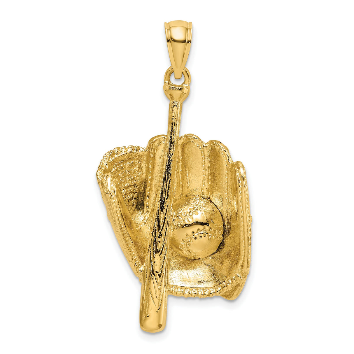 Baseball Glove with Ball and Batt Charm Pendant in Real 14k Yellow Gold