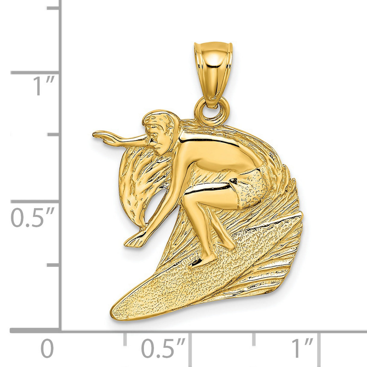 14k Yellow Gold Surfer Pendant Featuring Male Figure Riding Wave, Coastal Charm for Men