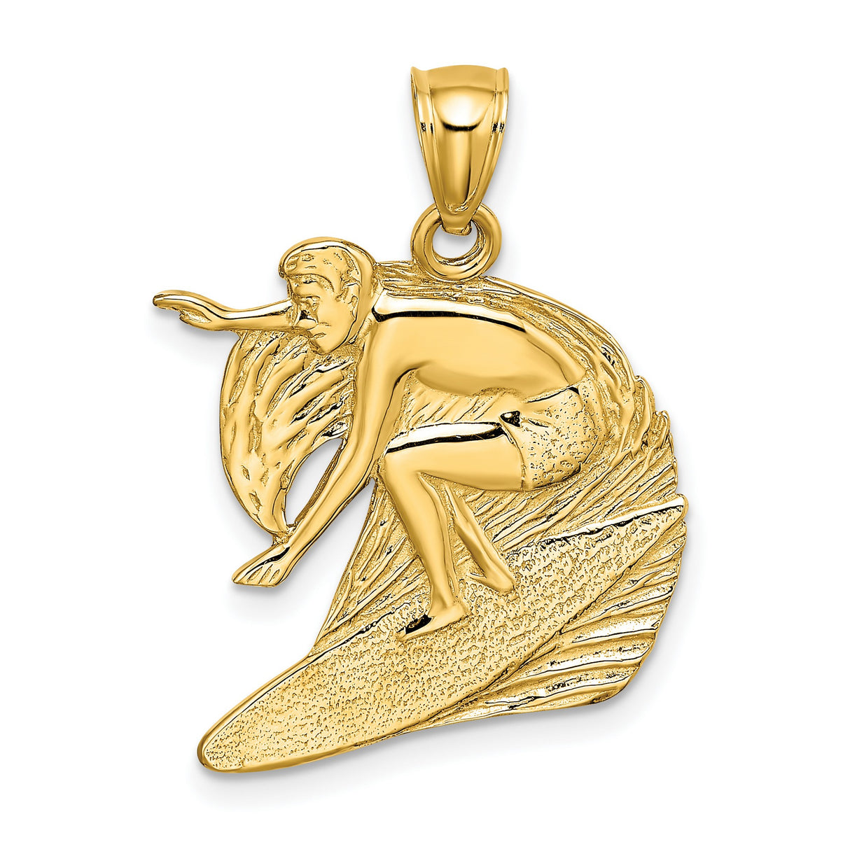 14k Yellow Gold Surfer Pendant Featuring Male Figure Riding Wave, Coastal Charm for Men