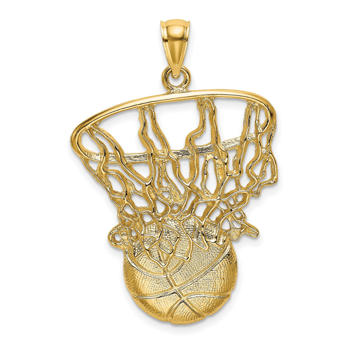 14k Yellow Gold Basketball Pendant with Hoop and Net Design for Men and Unisex