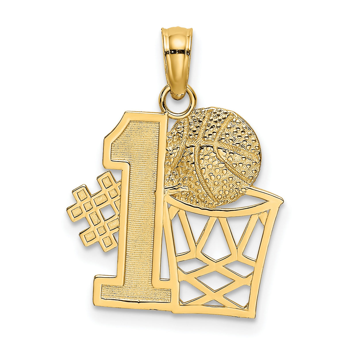 14k Yellow Gold Basketball Pendant with Number One Symbol, Hoop and Ball Design