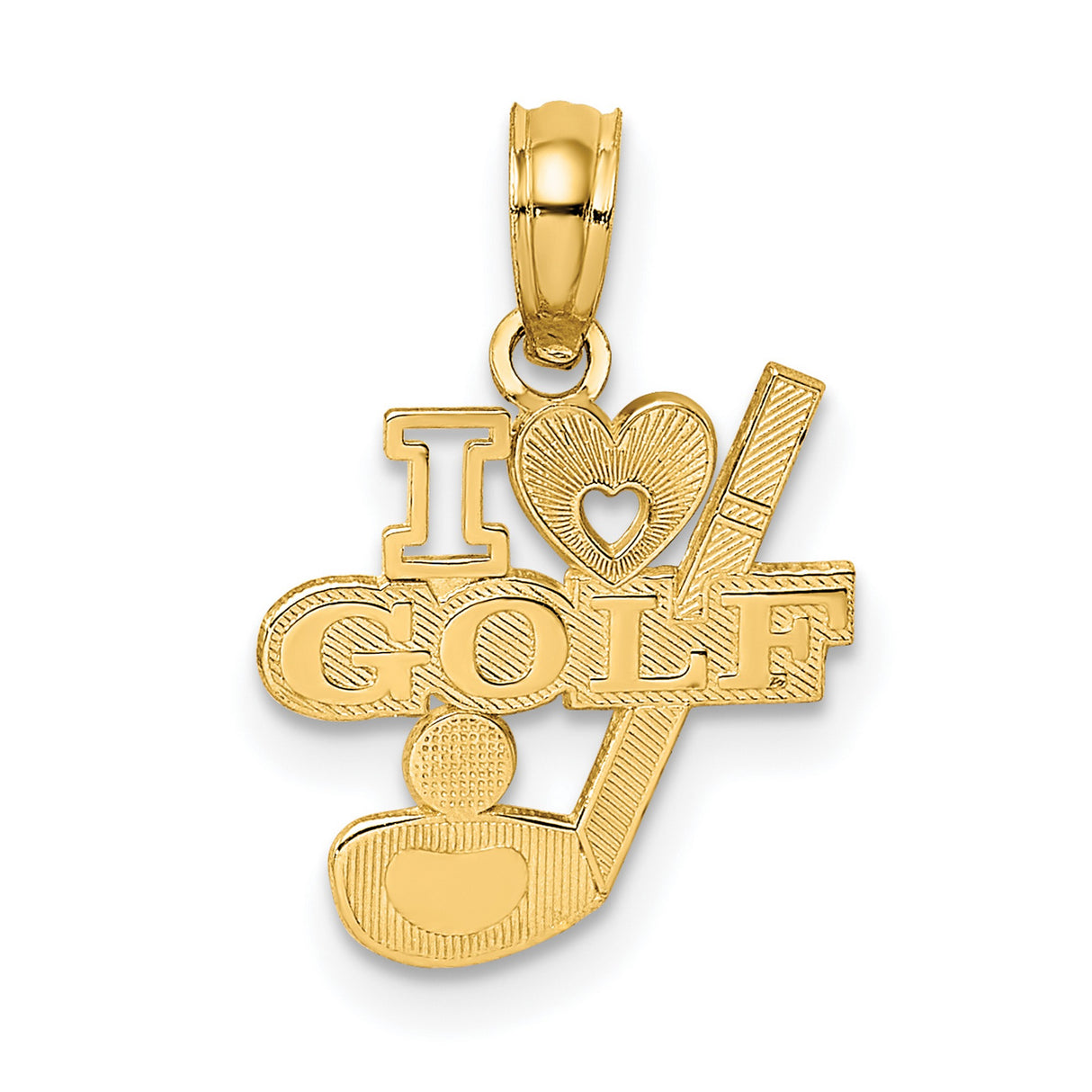 14k Yellow Gold Golf Pendant with Heart, Club, and Ball Design, Unisex Sports Charm
