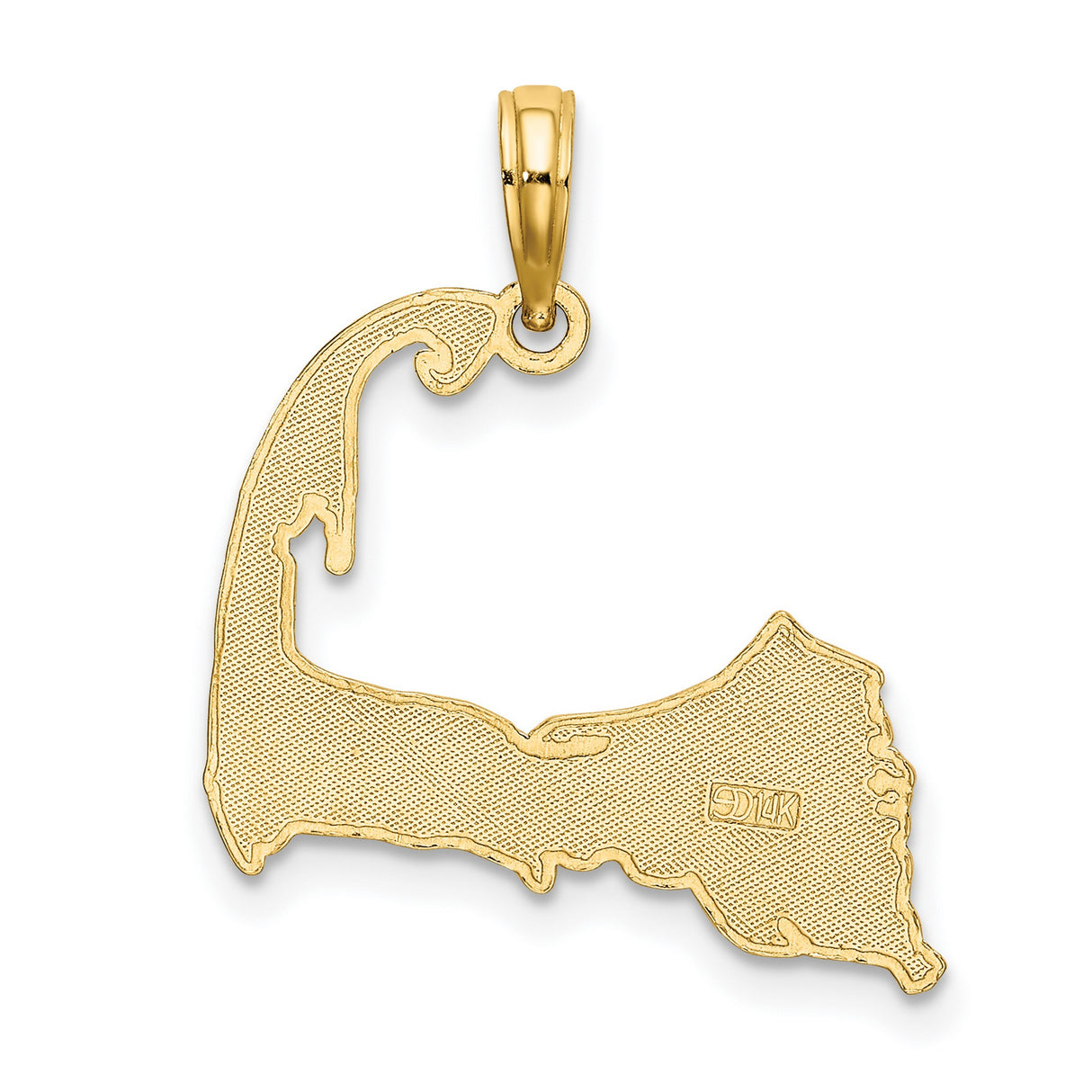 14k Yellow Gold Cape Cod Pendant with Script Engraving, Massachusetts Map Outline Souvenir