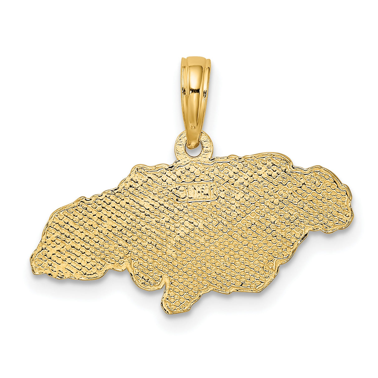 14k Yellow Gold Jamaica Map Pendant, Textured Island Charm with JAMAICA, Unisex Caribbean Jewelry