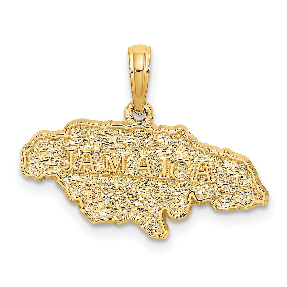 14k Yellow Gold Jamaica Map Pendant, Textured Island Charm with JAMAICA, Unisex Caribbean Jewelry