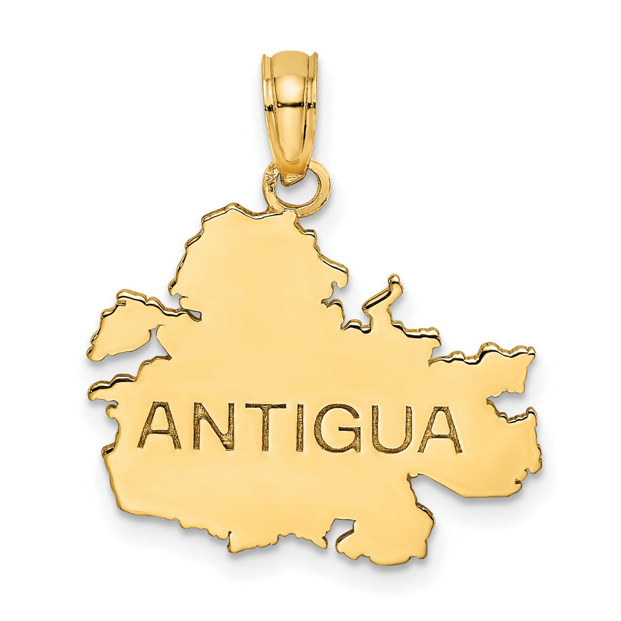 14k Yellow Gold Pendant, Antigua Island Map Charm, Polished Caribbean Travel Jewelry