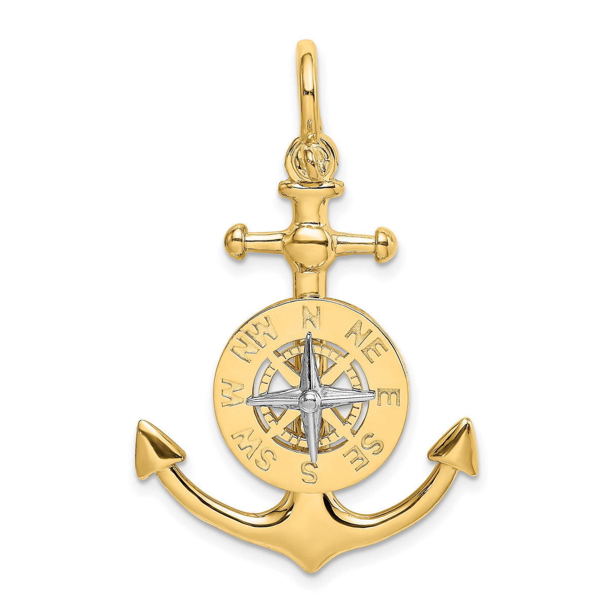14k Two-Tone Gold Anchor Compass Pendant, Nautical Maritime Charm for Men or Unisex Wear