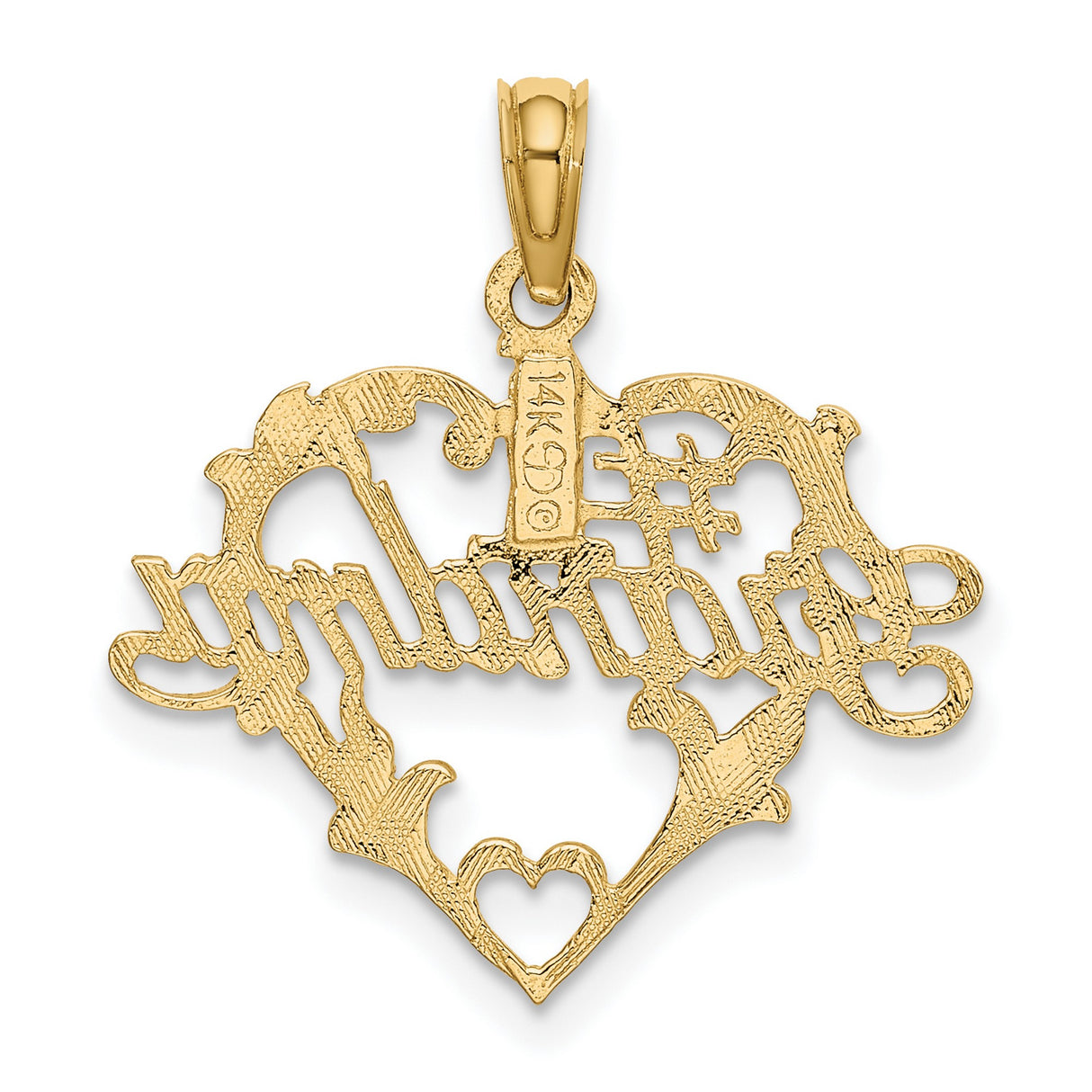 14k Yellow Gold Heart Pendant with Number One Grandma Script and Floral Scrollwork Charm