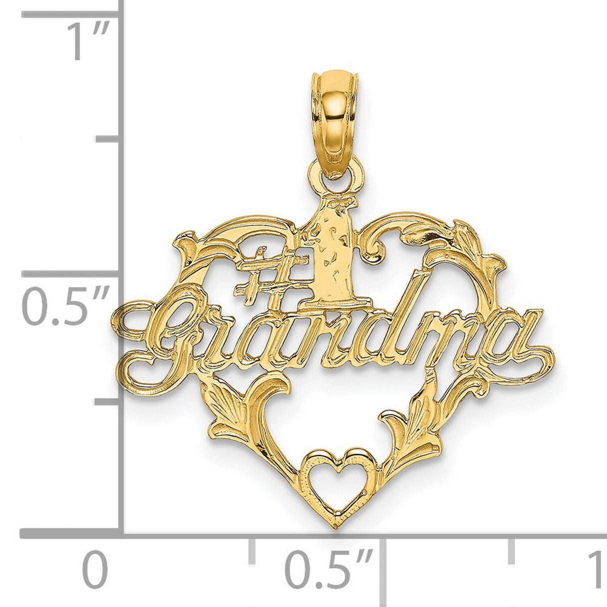 14k Yellow Gold Heart Pendant with Number One Grandma Script and Floral Scrollwork Charm