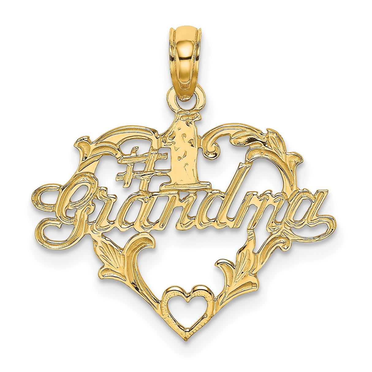 14k Yellow Gold Heart Pendant with Number One Grandma Script and Floral Scrollwork Charm
