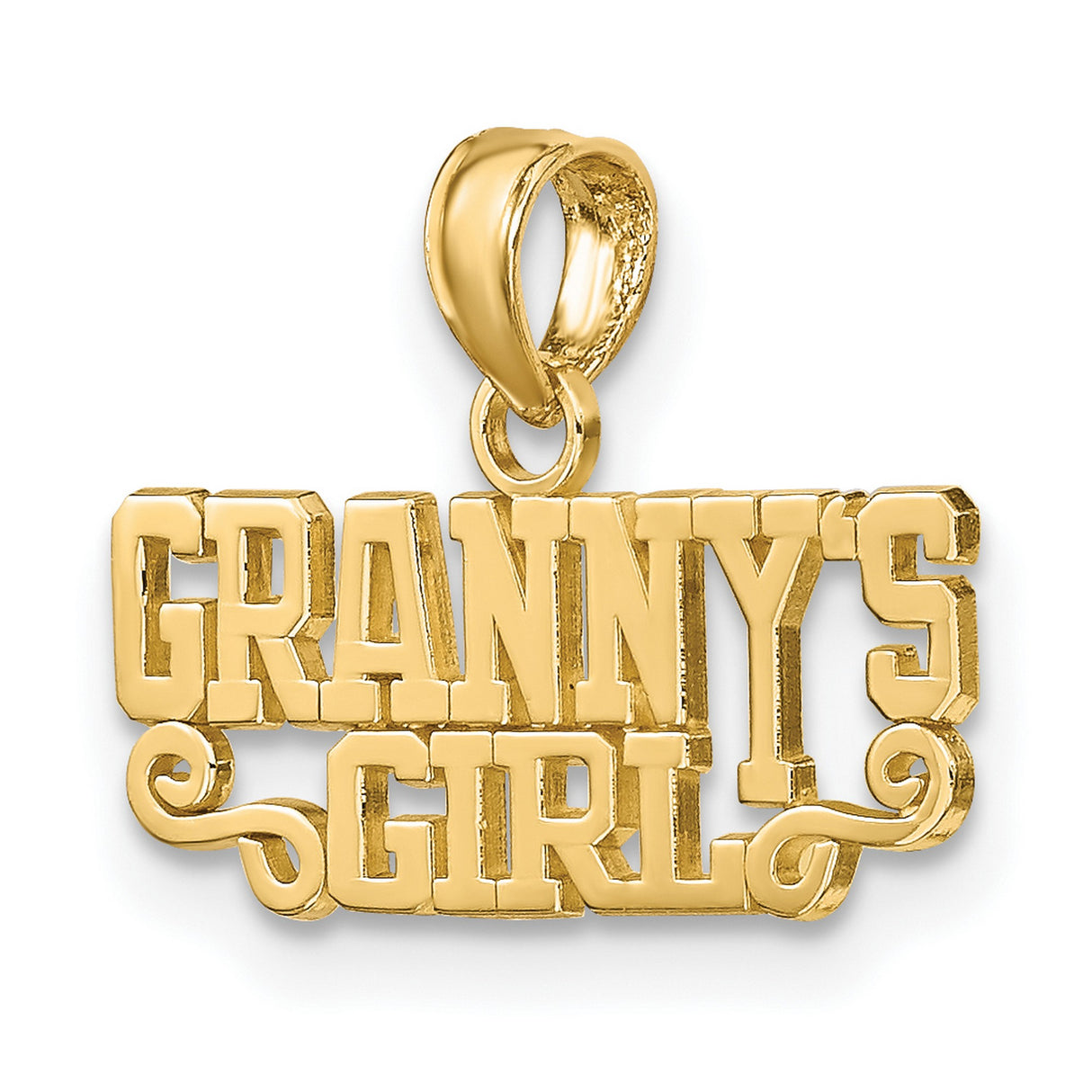 14k Yellow Gold Grannys Girl Pendant with Flourish Design and Bold Block Lettering