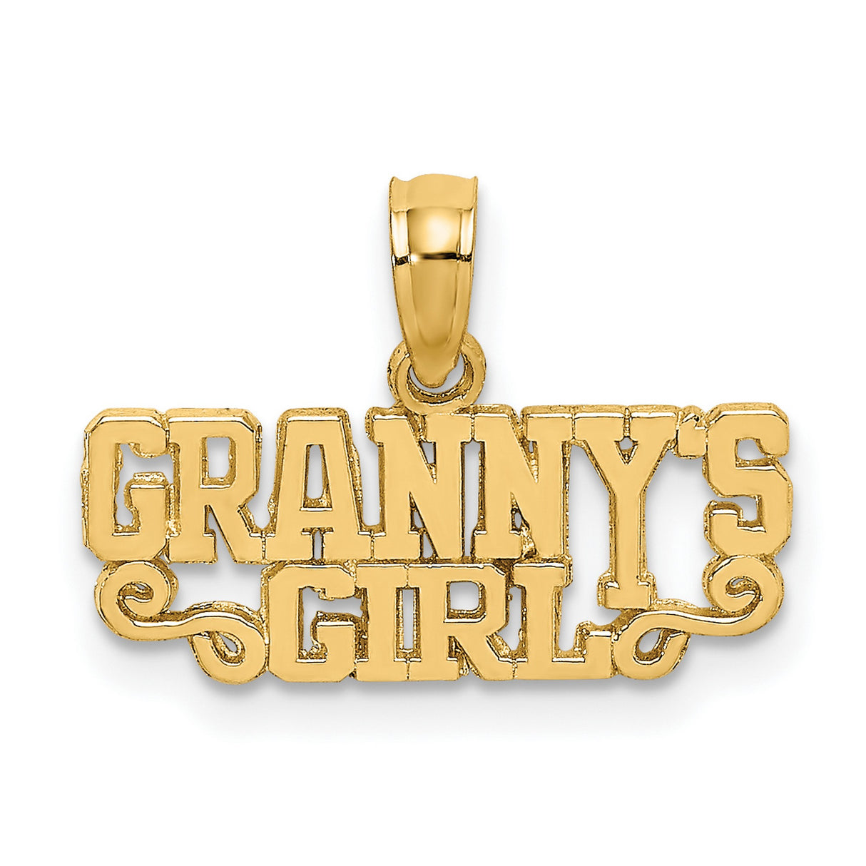 14k Yellow Gold Grannys Girl Pendant with Flourish Design and Bold Block Lettering