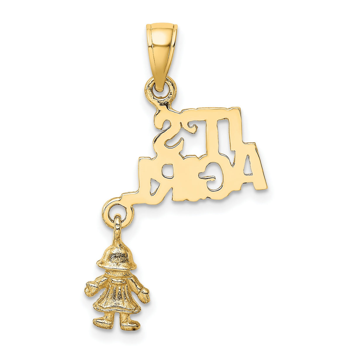 14k Yellow Gold Pendant with Its a Girl Phrase and Dangling Girl Charm, Baby Keepsake Jewelry