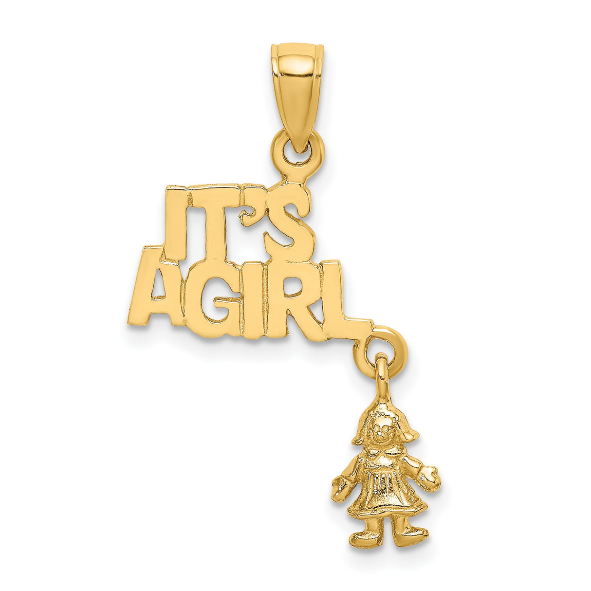 14k Yellow Gold Pendant with Its a Girl Phrase and Dangling Girl Charm, Baby Keepsake Jewelry
