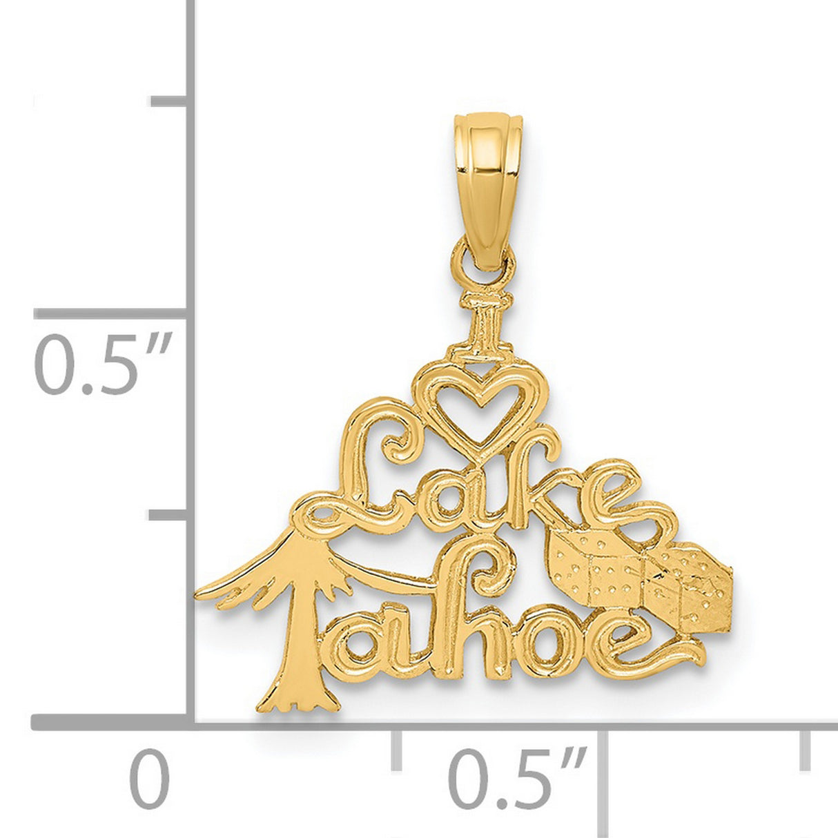 14k Yellow Gold Tahoe Pendant with Heart, Pine Tree, Dice and Cursive Lettering