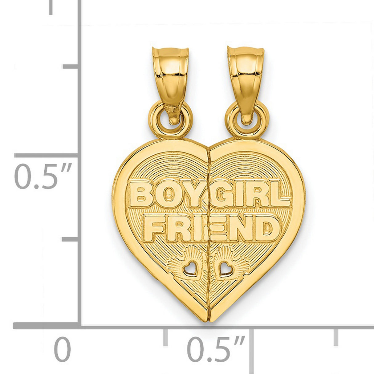14k Yellow Gold Split Heart Pendant with Boy Girl Friend Engraving and Fingerprint Texture