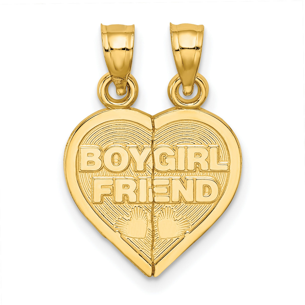 14k Yellow Gold Split Heart Pendant with Boy Girl Friend Engraving and Fingerprint Texture