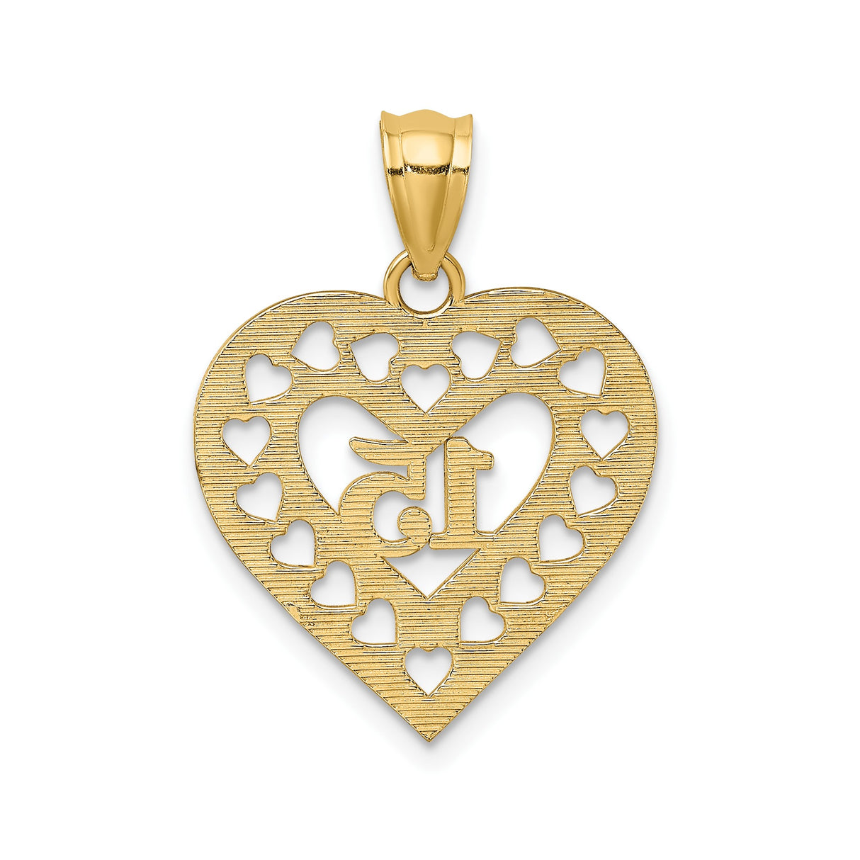 14k Yellow Gold Quinceañera Heart Pendant with Number 15 and Cutout Hearts