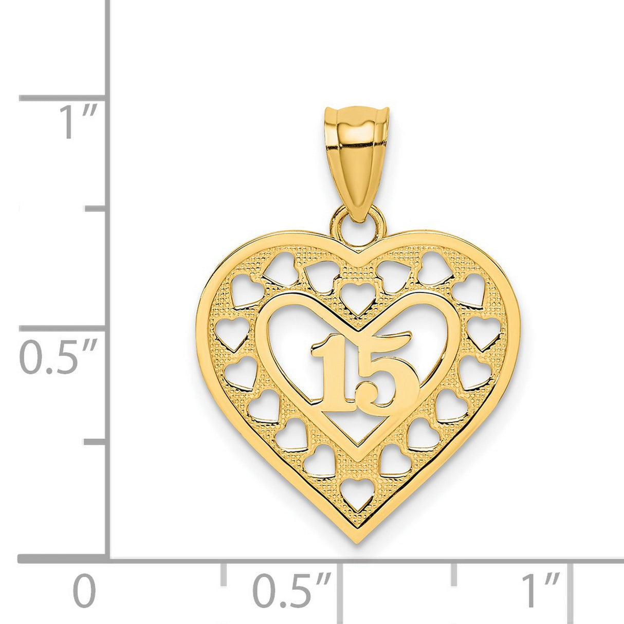14k Yellow Gold Heart Pendant with Number 15 and Cut-Out Mini Hearts Design