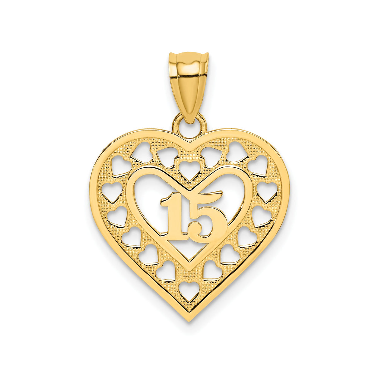 14k Yellow Gold Quinceañera Heart Pendant with Number 15 and Cutout Hearts