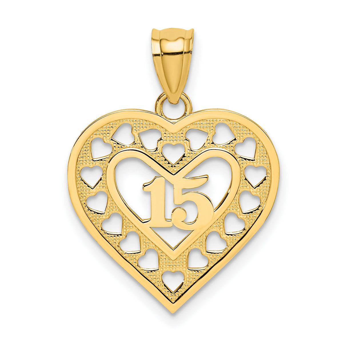 14k Yellow Gold Heart Pendant with Number 15 and Cut-Out Mini Hearts Design