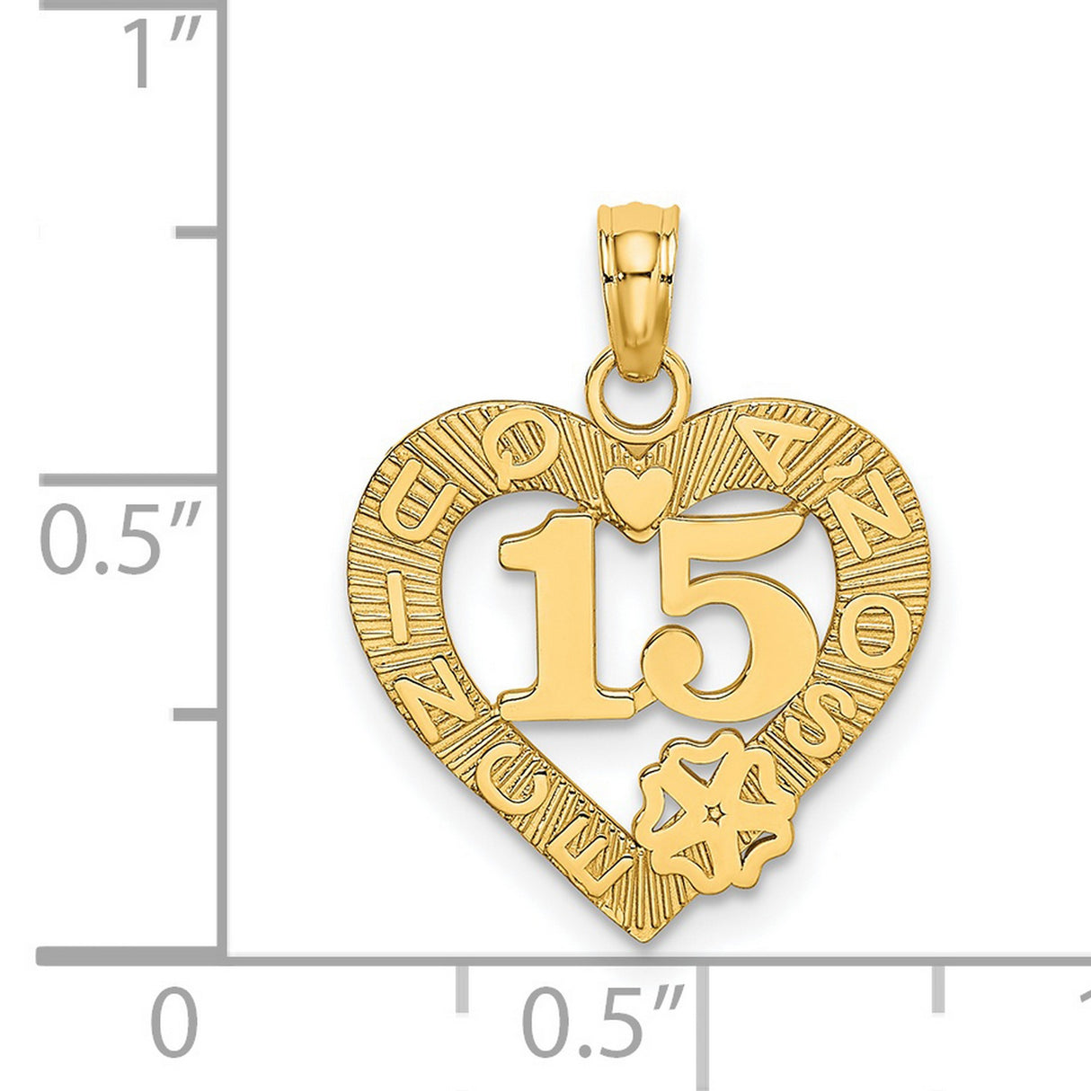 14k Yellow Gold Heart Pendant with 15 Años and Floral Motif for Quinceañera