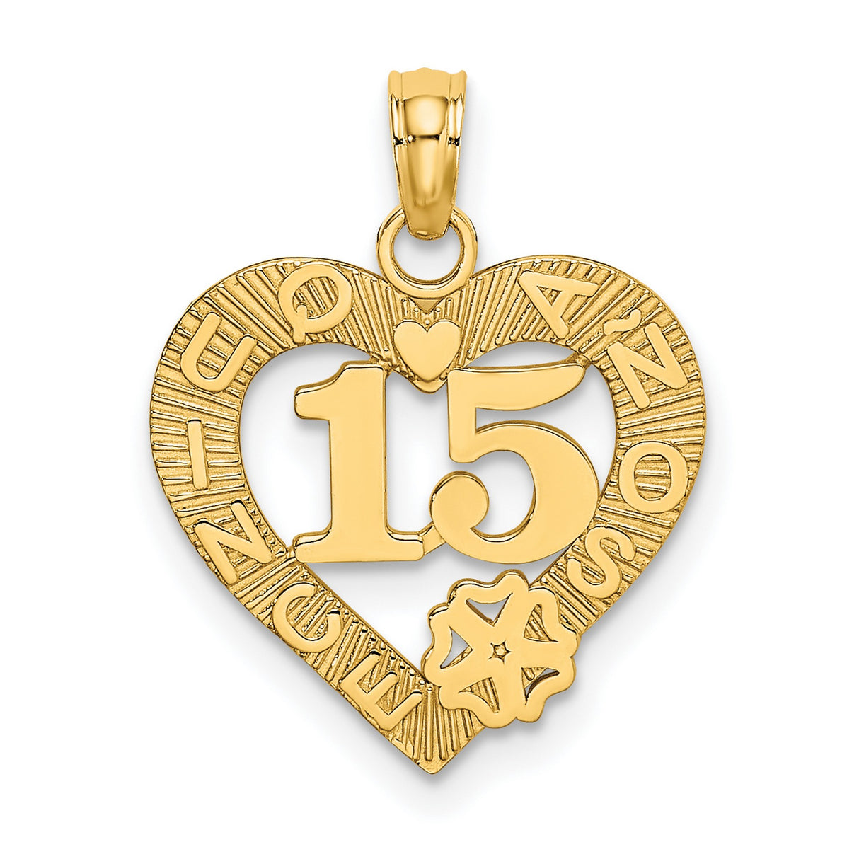 14k Yellow Gold Heart Pendant with 15 Años and Floral Motif for Quinceañera