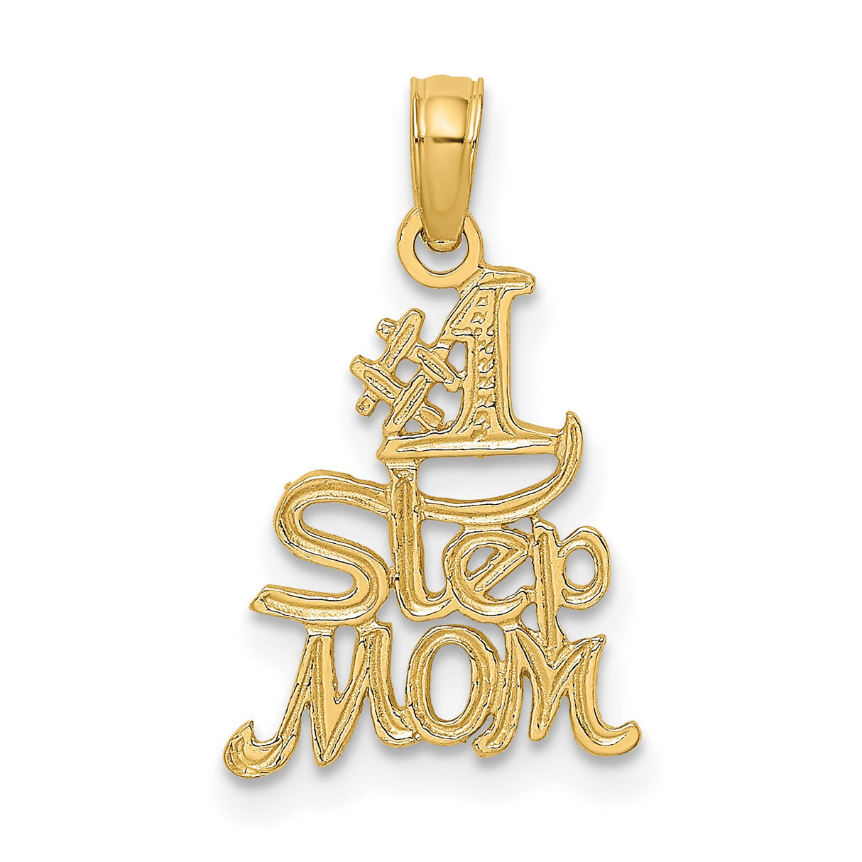 14k Yellow Gold Pendant, Decorative Script Design with Number One Stepmom Message