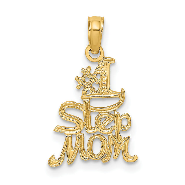 14k Yellow Gold Pendant, Decorative Script Design with Number One Stepmom Message