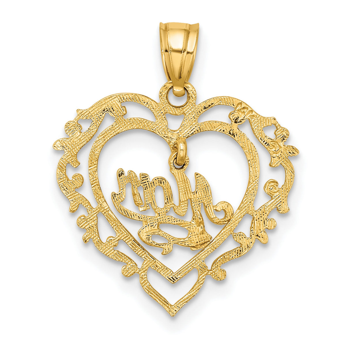 14k Yellow Gold Heart Shaped Mom Pendant with Script Lettering and Floral Detail