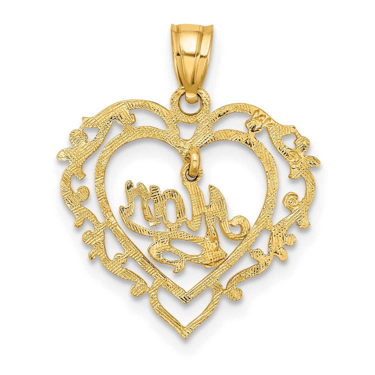 14k Yellow Gold Heart Shaped Mom Pendant with Script Lettering and Floral Detail