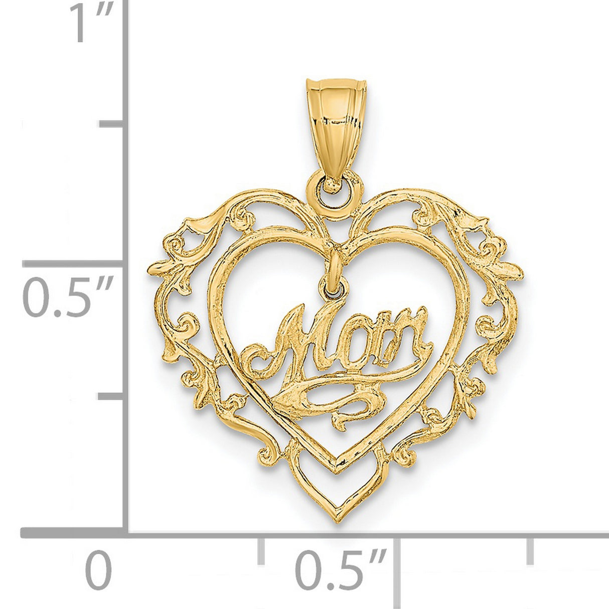 14k Yellow Gold Heart Shaped Mom Pendant with Script Lettering and Floral Detail