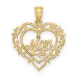 14k Yellow Gold Heart Shaped Mom Pendant with Script Lettering and Floral Detail