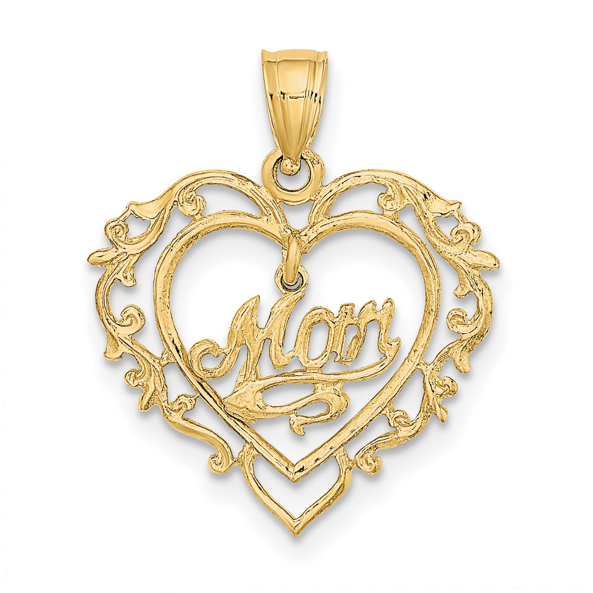 14k Yellow Gold Heart Shaped Mom Pendant with Script Lettering and Floral Detail